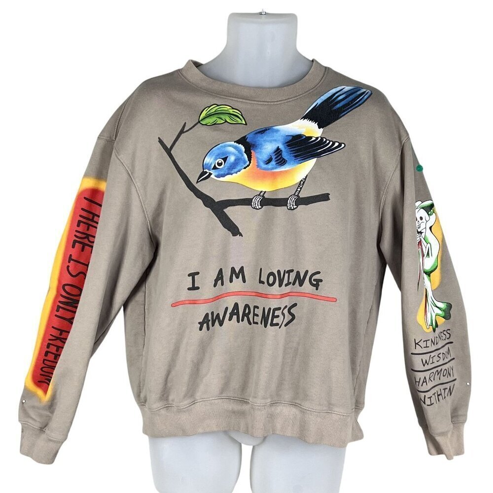 Street Wear Graphic Sweatshirt L Bird Skeleton Skater Uplifting Graffiti Hip Hop